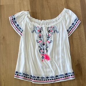 Southern Tide White Embroidered Peasant Top with Pink Tassels size medium